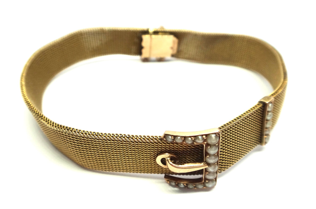 ANTIQUE 15ct Yellow Gold & Seed Pearl Mesh Buckle Bracelet c.1900