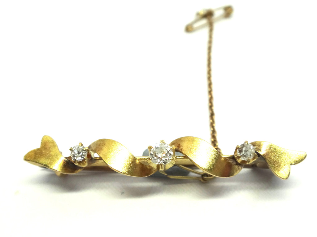 ANTIQUE 18ct Yellow Gold & Old Cut Diamond Ribbon Brooch c.1900