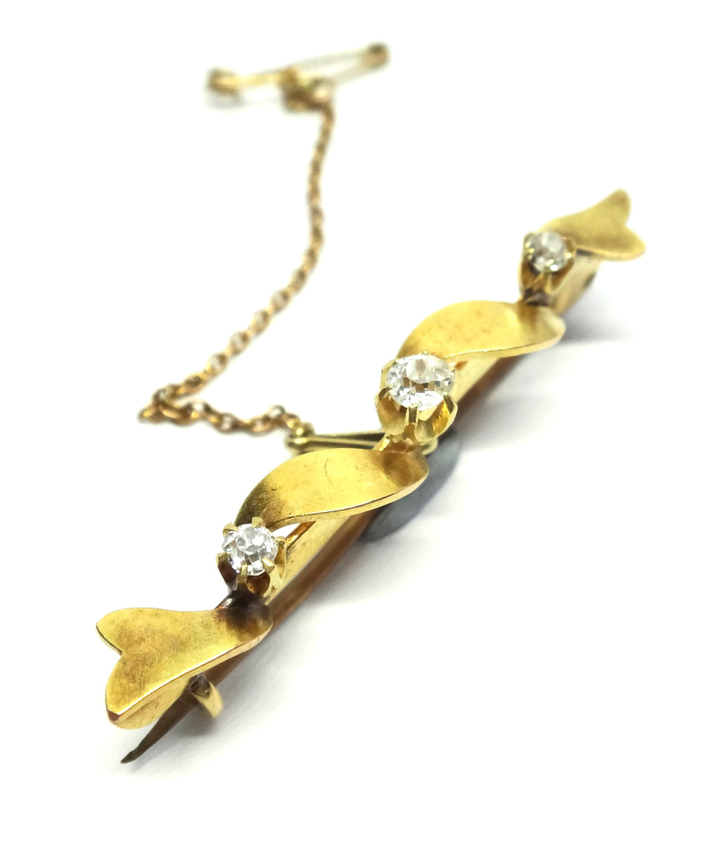 ANTIQUE 18ct Yellow Gold & Old Cut Diamond Ribbon Brooch c.1900 – SJs ...