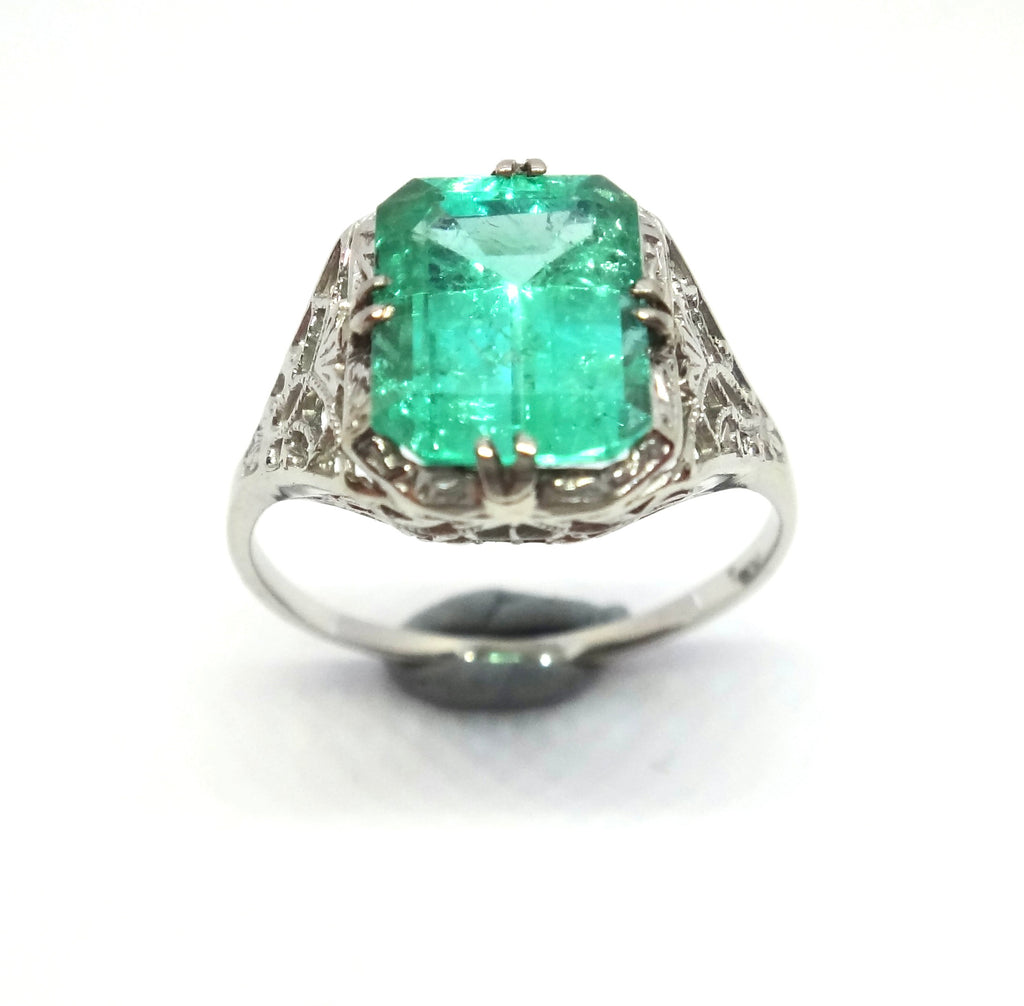 ANTIQUE 14ct White Gold & Emerald Ring c.1930 - VAL $14,000
