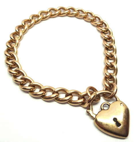 Heavy ANTIQUE 9ct Rose Gold Bracelet & Heart Lock c.1900