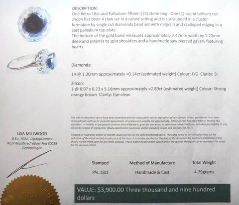 1950s 18ct Gold, Zircon & Diamond Ring - VAL $3,900