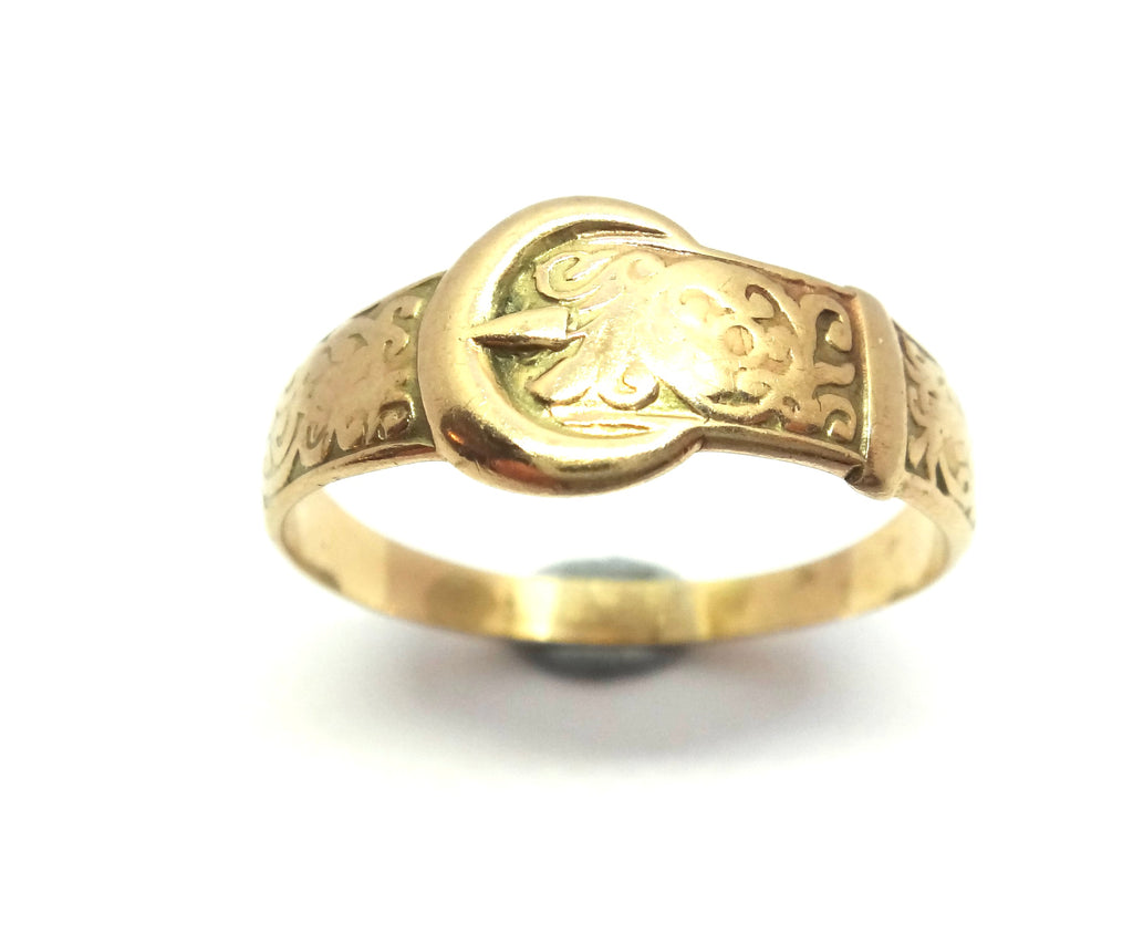ANTIQUE 9ct Yellow Gold Patterned Buckle Ring c.1900