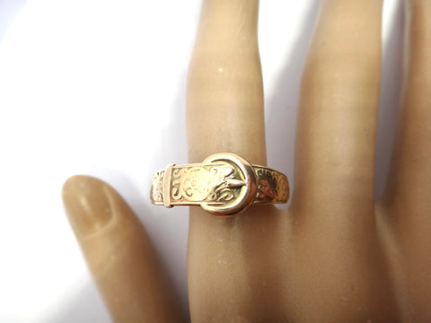 ANTIQUE 9ct Yellow Gold Patterned Buckle Ring c.1900