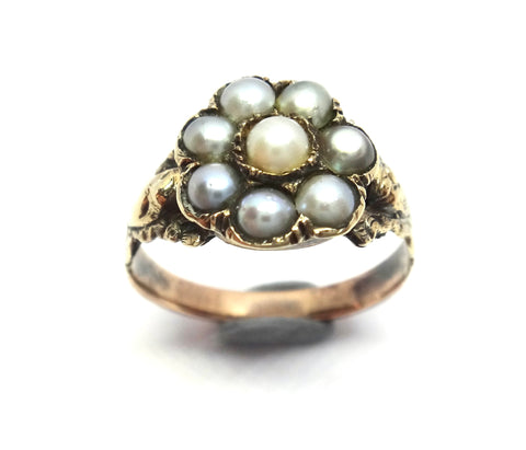 ANTIQUE 9ct Gold & Natural Pearl Flower Ring c.1860s