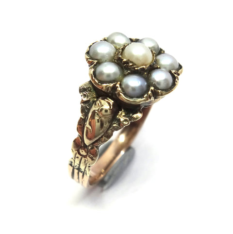 ANTIQUE 9ct Gold & Natural Pearl Flower Ring c.1860s