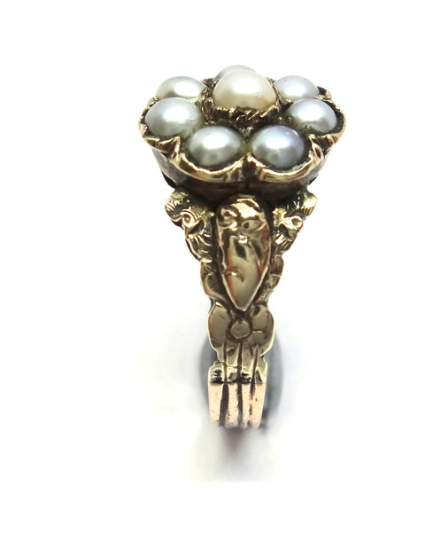 ANTIQUE 9ct Gold & Natural Pearl Flower Ring c.1860s