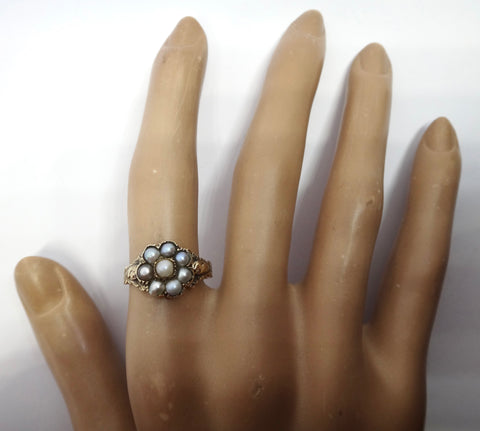 ANTIQUE 9ct Gold & Natural Pearl Flower Ring c.1860s