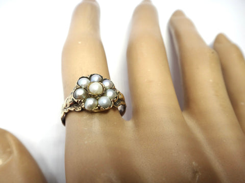 ANTIQUE 9ct Gold & Natural Pearl Flower Ring c.1860s