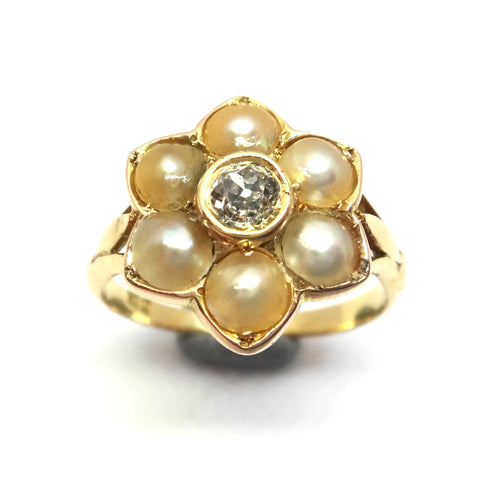 ANTIQUE 18ct Gold, Pearl & Diamond Flower Ring - VAL $3,600