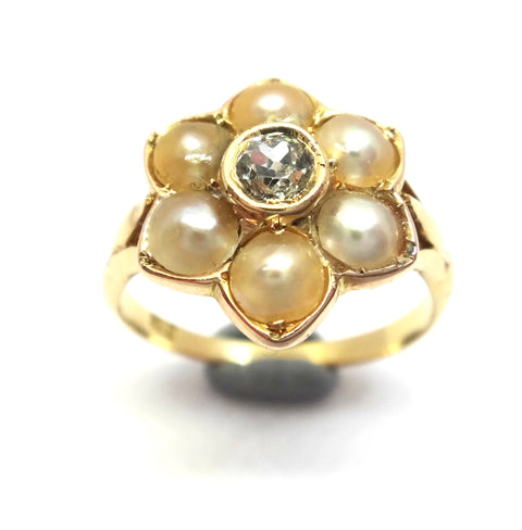 ANTIQUE 18ct Gold, Pearl & Diamond Flower Ring - VAL $3,600