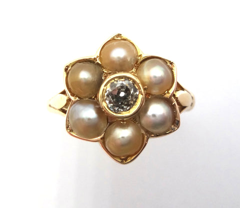 ANTIQUE 18ct Gold, Pearl & Diamond Flower Ring - VAL $3,600