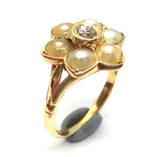 ANTIQUE 18ct Gold, Pearl & Diamond Flower Ring - VAL $3,600