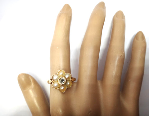ANTIQUE 18ct Gold, Pearl & Diamond Flower Ring - VAL $3,600