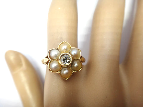 ANTIQUE 18ct Gold, Pearl & Diamond Flower Ring - VAL $3,600