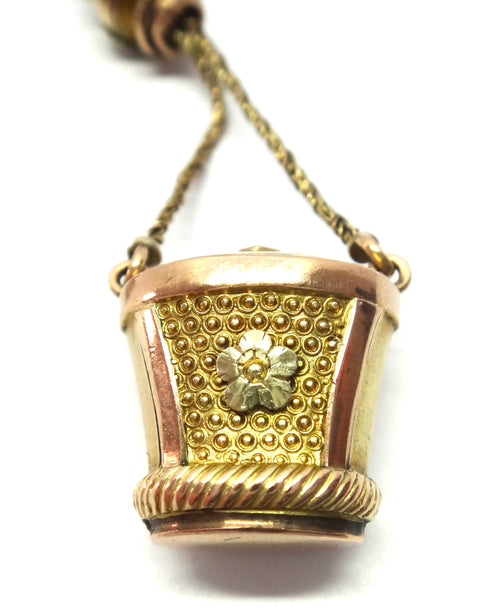 ANTIQUE 9ct Gold Flower Basket, Albertina Fob Chain c.1880