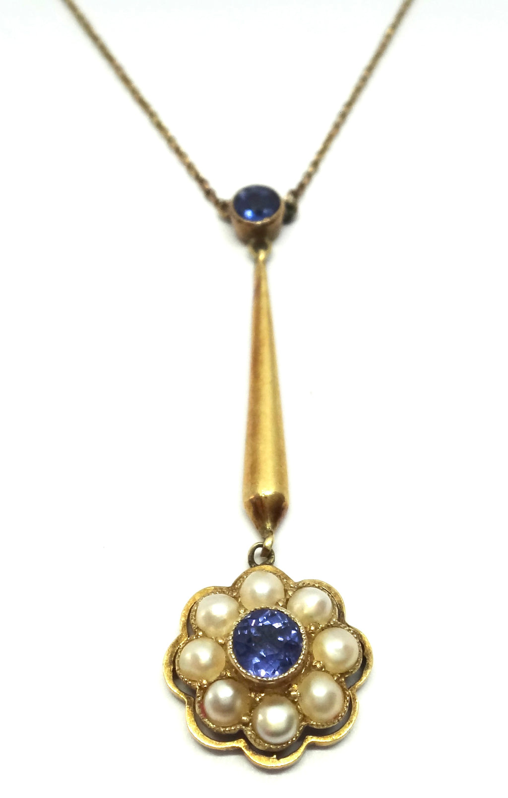 ANTIQUE 15ct Gold, Sapphire & Pearl Drop Necklace