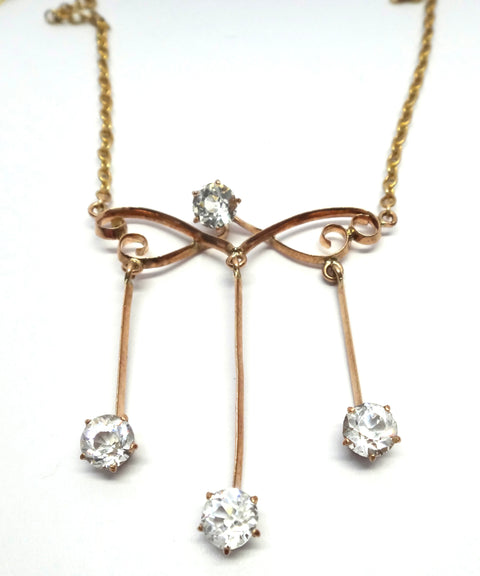 ANTIQUE 9ct Gold & White Sapphire Drop Necklace c.1900