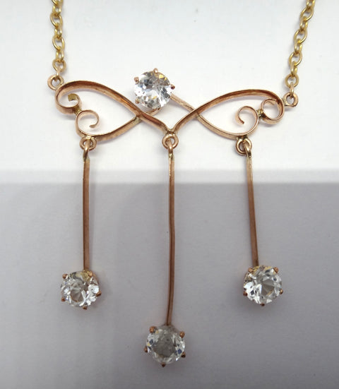 ANTIQUE 9ct Gold & White Sapphire Drop Necklace c.1900