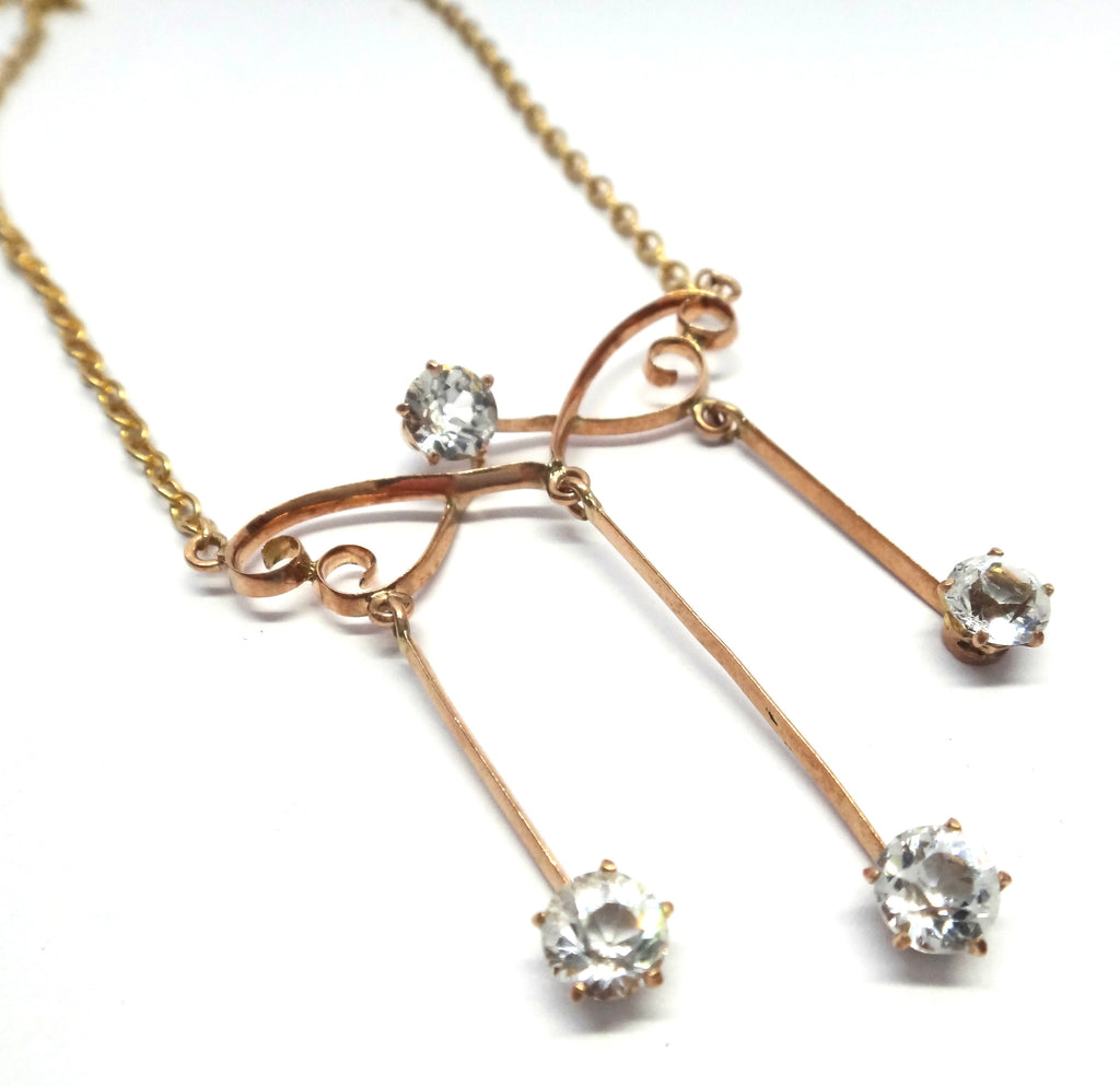 ANTIQUE 9ct Gold & White Sapphire Drop Necklace c.1900