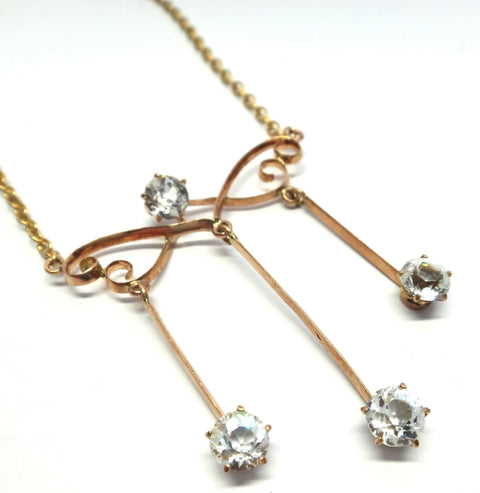 ANTIQUE 9ct Gold & White Sapphire Drop Necklace c.1900