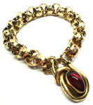 ANTIQUE 9ct Gold Pierced Link Bracelet with Cabochon Garnet Lock c.1850