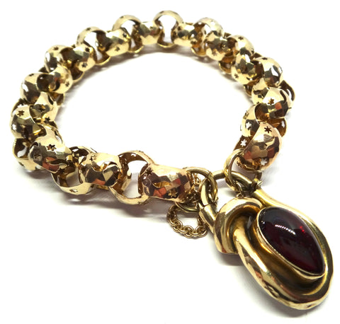 ANTIQUE 9ct Gold Pierced Link Bracelet with Cabochon Garnet Lock c.1850