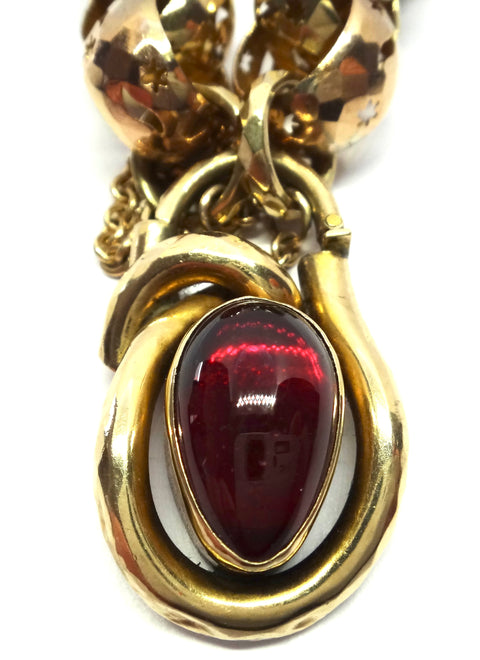 ANTIQUE 9ct Gold Pierced Link Bracelet with Cabochon Garnet Lock c.1850