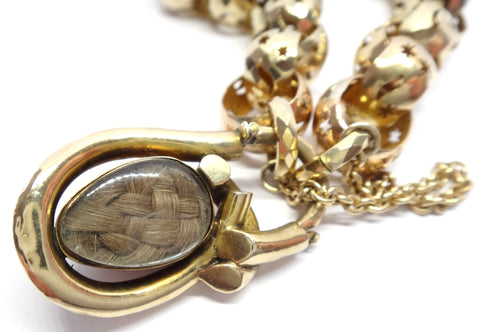 ANTIQUE 9ct Gold Pierced Link Bracelet with Cabochon Garnet Lock c.1850