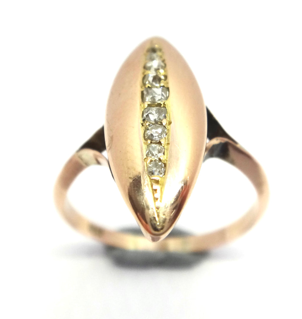ANTIQUE 9ct Rose Gold & Diamond Navette Shaped Ring c.1900
