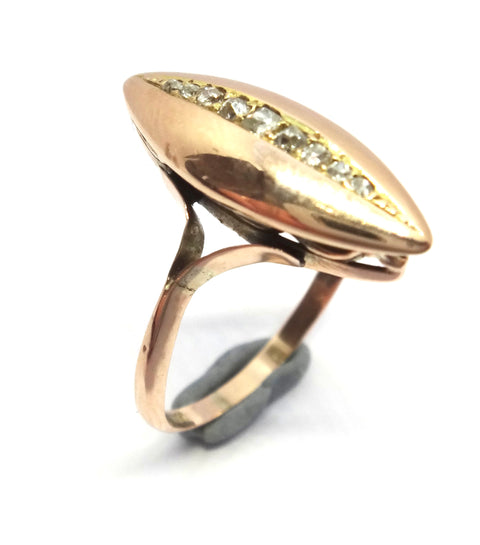 ANTIQUE 9ct Rose Gold & Diamond Navette Shaped Ring c.1900
