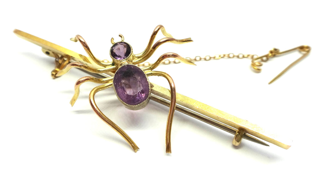 ANTIQUE Style 9ct Yellow Gold & Amethyst SPIDER Brooch c.1960