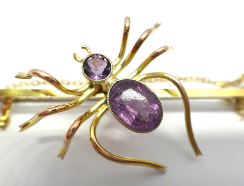 ANTIQUE Style 9ct Yellow Gold & Amethyst SPIDER Brooch c.1960