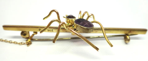 ANTIQUE Style 9ct Yellow Gold & Amethyst SPIDER Brooch c.1960
