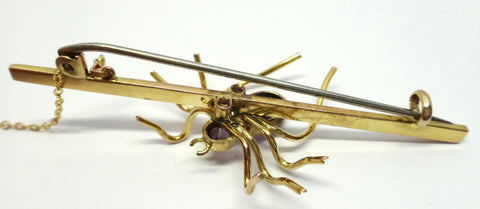 ANTIQUE Style 9ct Yellow Gold & Amethyst SPIDER Brooch c.1960