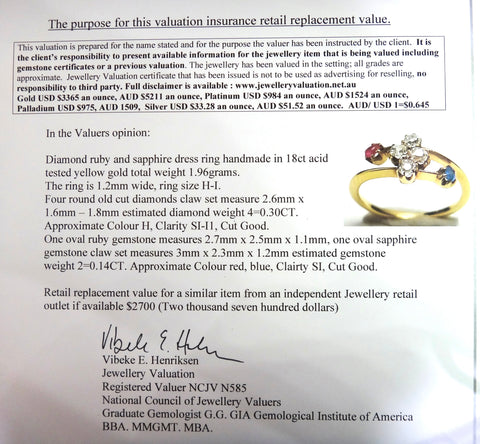 ANTIQUE 18ct Gold, Ruby, Sapphire & Diamond Crossover Ring c.1920 - VAL $2,700