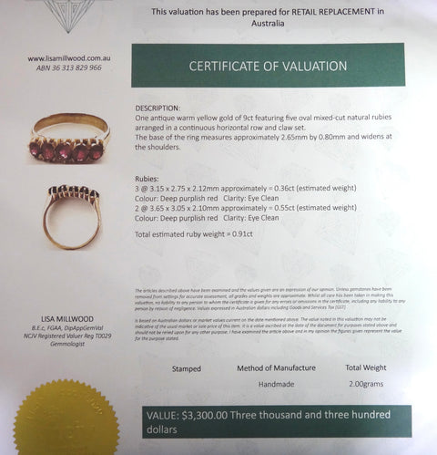 ANTIQUE 9ct Gold 5 Stone RUBY Ring c.1900 - VAL $3,300
