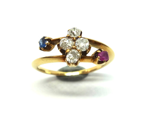 ANTIQUE 18ct Gold, Ruby, Sapphire & Diamond Crossover Ring c.1920 - VAL $2,700