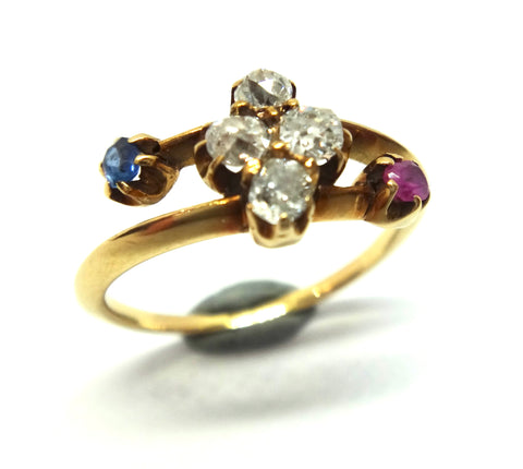 ANTIQUE 18ct Gold, Ruby, Sapphire & Diamond Crossover Ring c.1920 - VAL $2,700