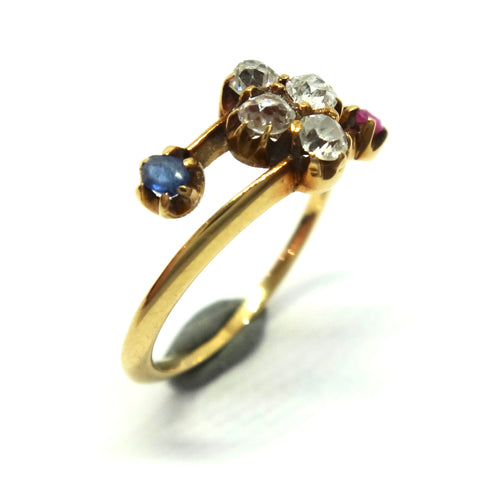 ANTIQUE 18ct Gold, Ruby, Sapphire & Diamond Crossover Ring c.1920 - VAL $2,700