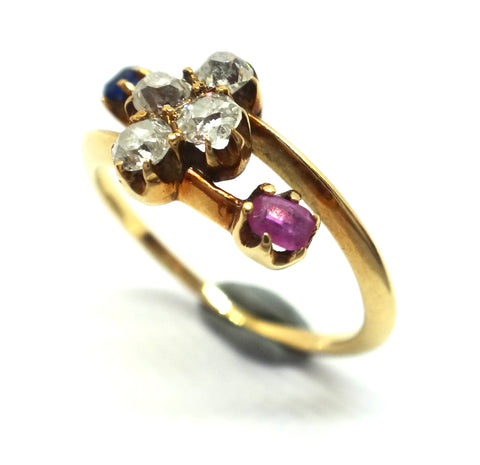 ANTIQUE 18ct Gold, Ruby, Sapphire & Diamond Crossover Ring c.1920 - VAL $2,700
