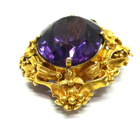 ANTIQUE 18ct Yellow GOLD & Amethyst Brooch c.1865