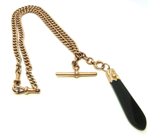 ANTIQUE 9ct Rose GOLD Albert Chain with Greenstone Fob c.1910