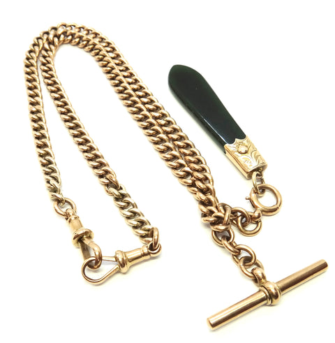 ANTIQUE 9ct Rose GOLD Albert Chain with Greenstone Fob c.1910