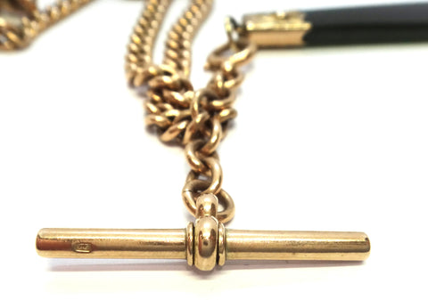 ANTIQUE 9ct Rose GOLD Albert Chain with Greenstone Fob c.1910