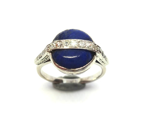 ART DECO 18ct White Gold, Lapis Lazuli & Diamond Ring c.1920