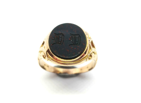 ANTIQUE 9ct Gold & Bloodstone Intaglio Signet Ring c.1900