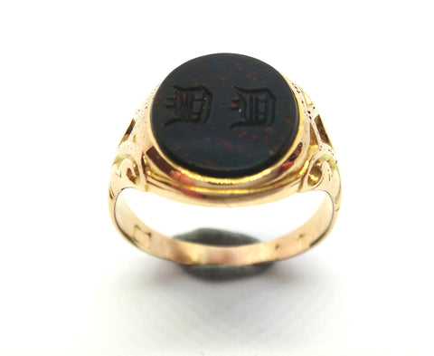 ANTIQUE 9ct Gold & Bloodstone Intaglio Signet Ring c.1900