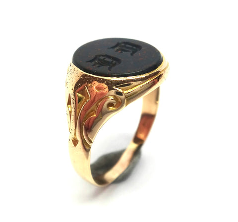 ANTIQUE 9ct Gold & Bloodstone Intaglio Signet Ring c.1900