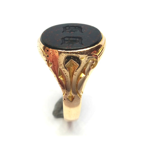 ANTIQUE 9ct Gold & Bloodstone Intaglio Signet Ring c.1900